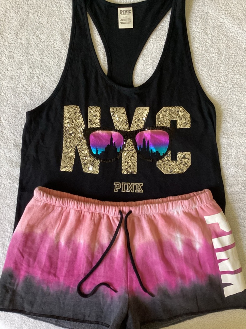 Victoria’s Secret PINK BLING NYC Tank Top Shirt Ombré Tie Dye Dip Shorts L
